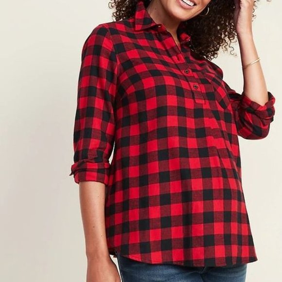 Maternity Plaid Flannel Popover Shirt Green/Blue​ - Picture 2 of 7